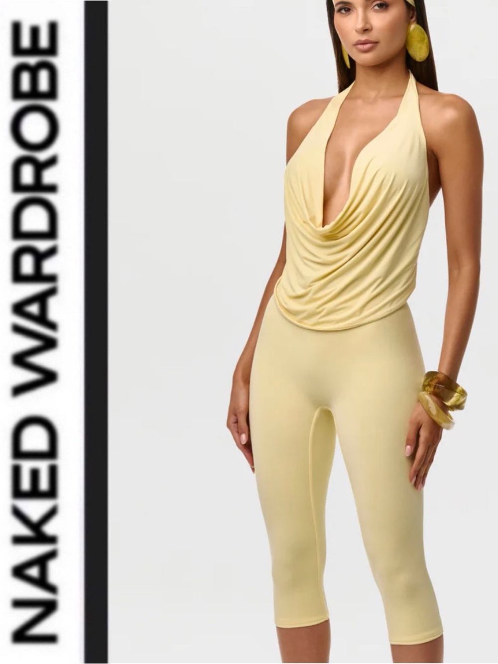 naked wardrobe Pale Yellow Halter Jumpsuit Capri